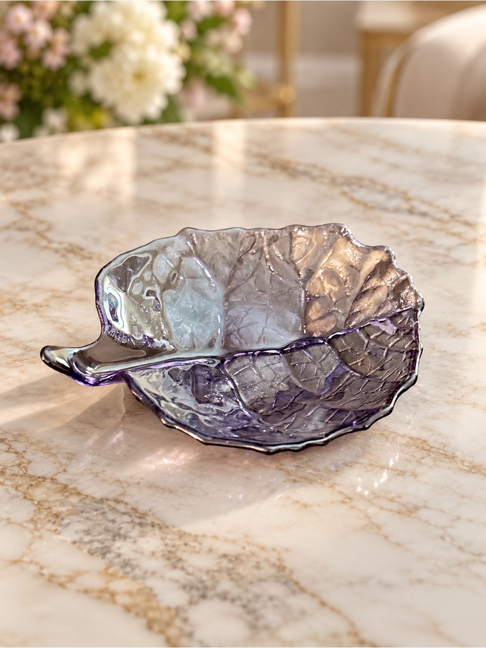 Purple Glass Cabbage Leaf Trinket Dish – 6 x 5 Inches